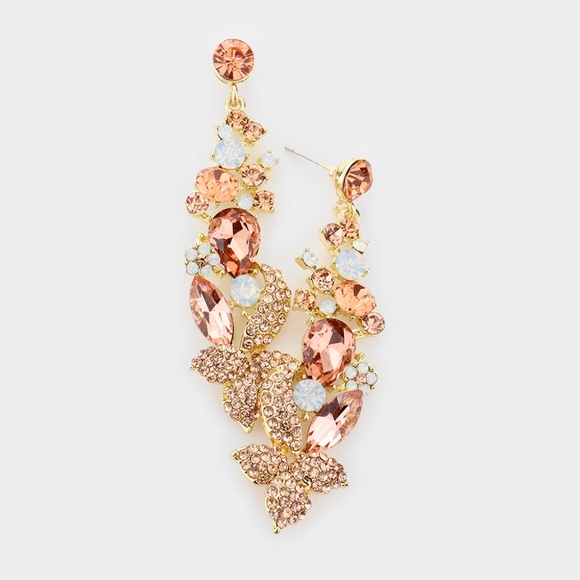 Peach Gold Marquise Crystal Drop Dangle Earrings 3 Inch Flower Teardrop Evening - Picture 1 of 3